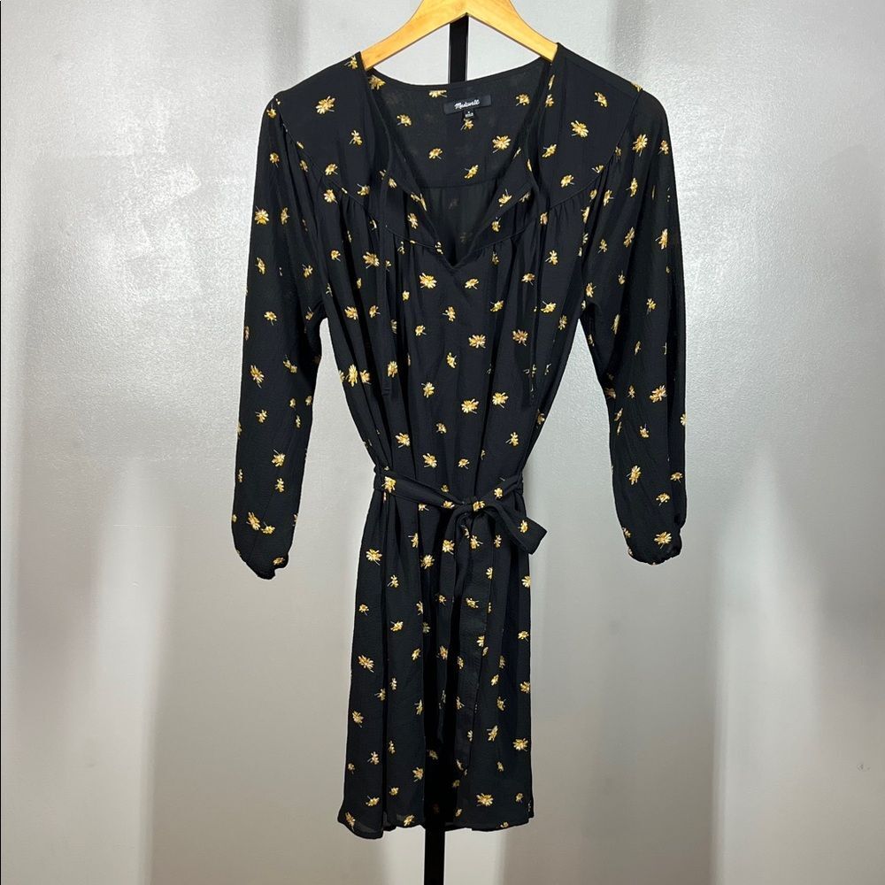 Madewell Black Floral Long Sleeve Dress with Belt